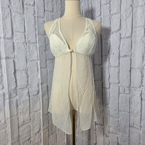 Victoria's Secret Other - Victoria's Secret Large White Lace Trim 100% Silk Chiffon Babydoll Chemise Gown